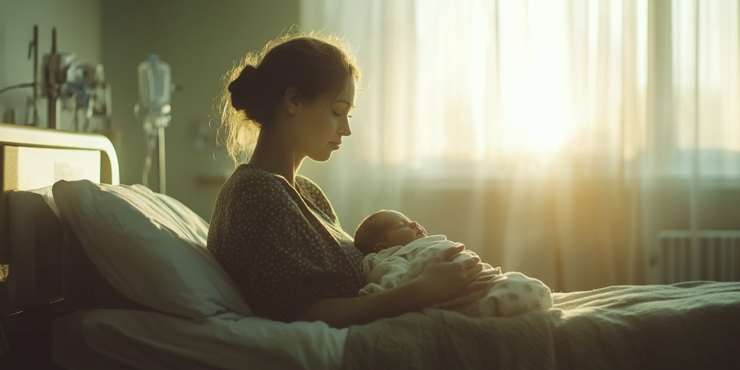 a mother on a hospital bed holding her newborn with love getting ready for newborn photography vancouver