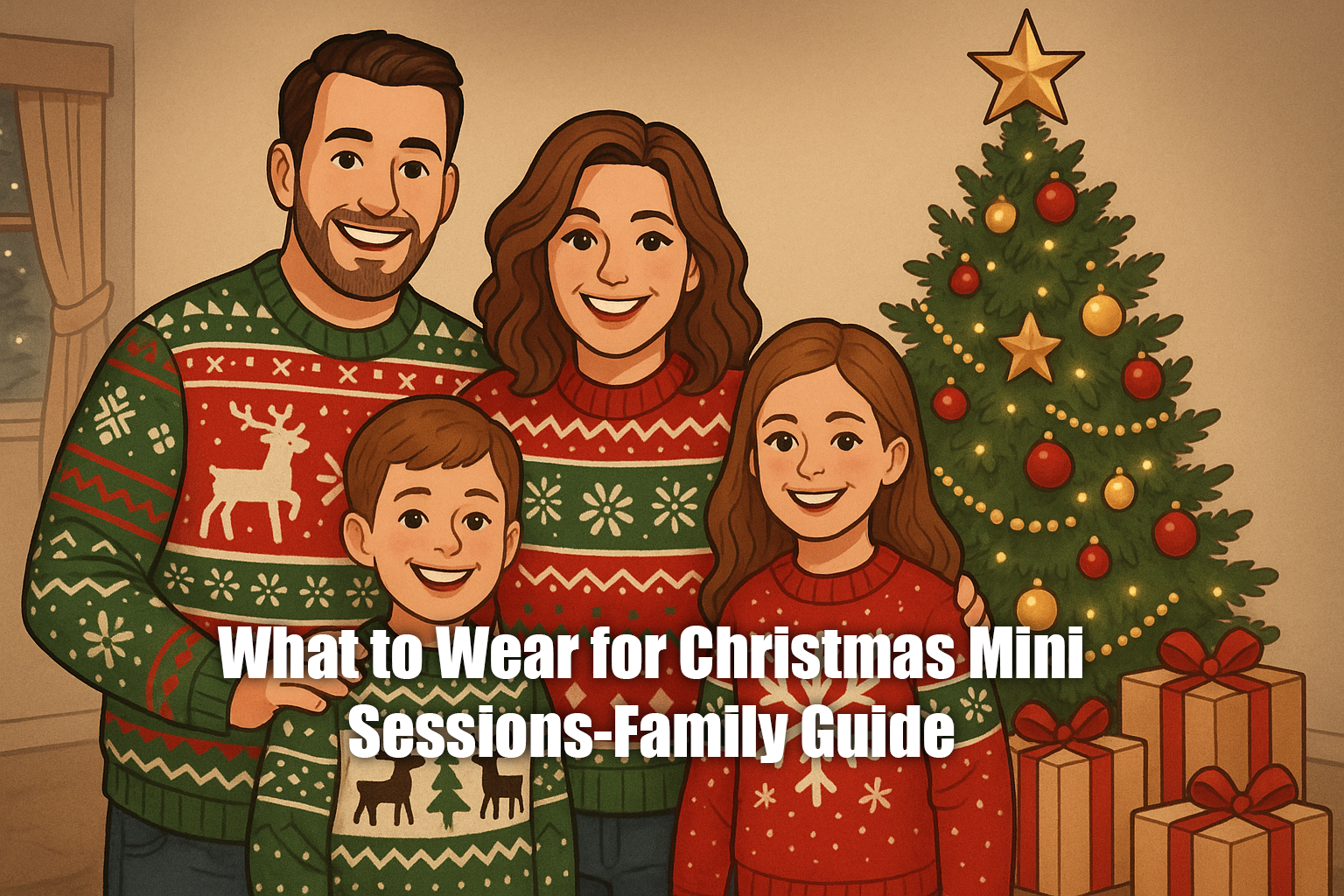 Family in Christmas sweaters smiling by a decorated tree with wrapped gifts during a holiday photoshoot.