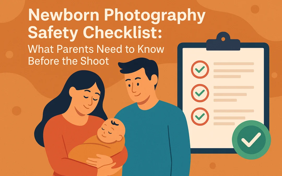 Illustrated parents holding their newborn with a safety checklist, representing newborn photography safety tips.
