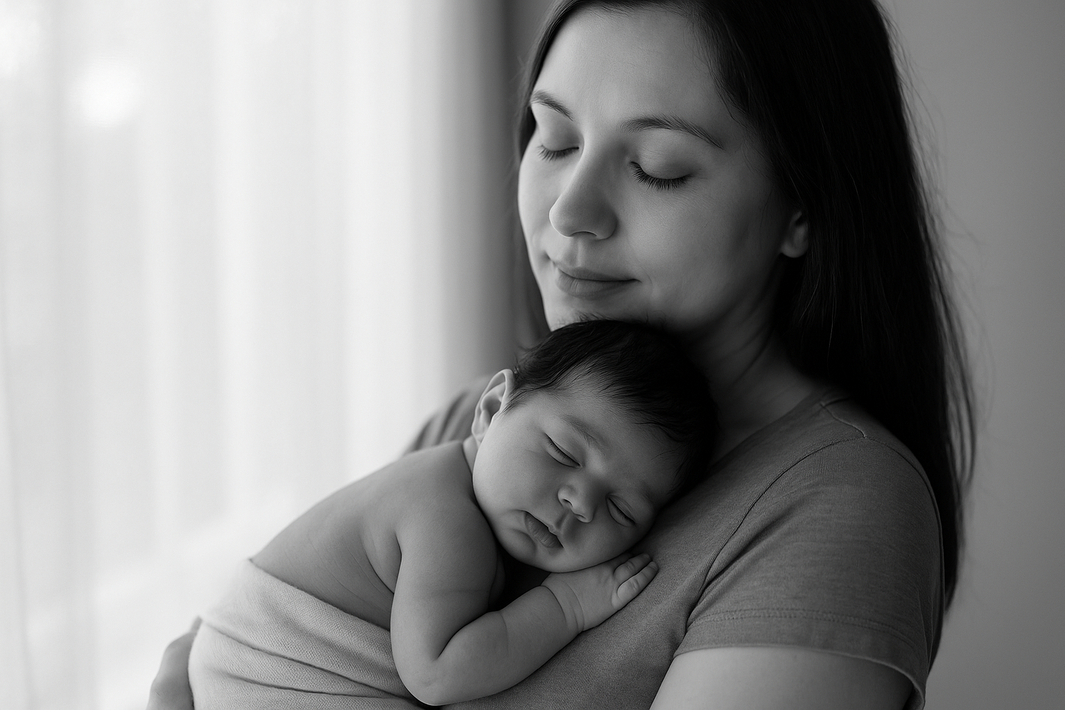 001-A black-and-white photo of a parent cradling a sleeping newborn against their chest A black-and-white photo of a parent cradling a sleeping newborn against their chest, with soft window light and peaceful expressions.
