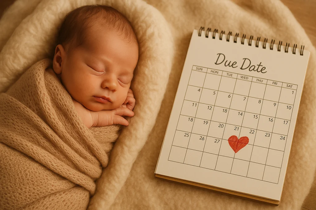 A cozy photo of a sleeping newborn wrapped in soft blankets, with a calendar and a heart marked on the “due date” — warm natural lighting, neutral tones, inviting atmosphere.
