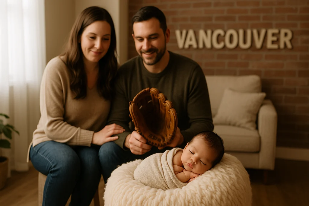 A cozy photography studio setting with soft natural light, a newborn wrapped in a neutral-toned blanket