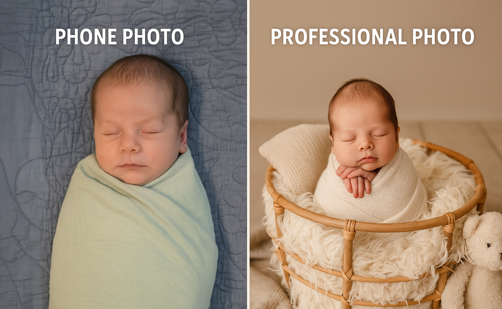DIY vs. Professional Newborn Photo Comparison Comparison showing a baby swaddled in a casual home photo beside a professional studio portrait with refined lighting and soft textures