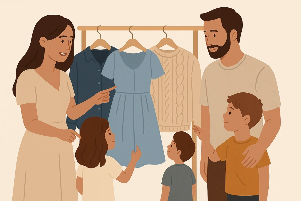 Family choosing coordinated outfits on hangers before a photo session.