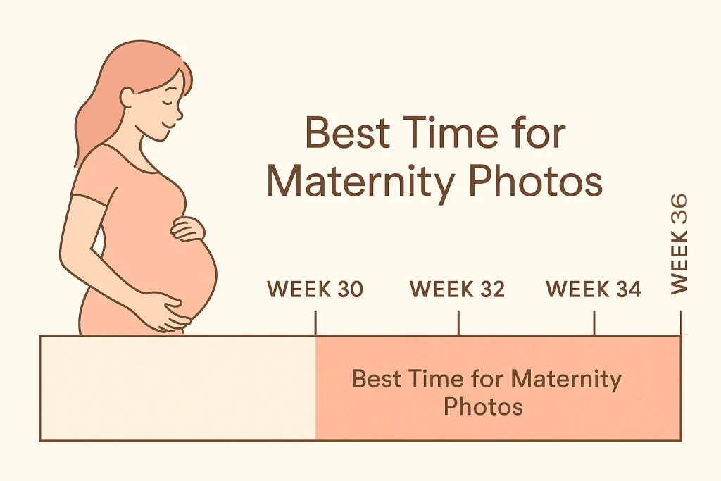 Illustrated pregnancy timeline highlighting weeks 28–34 as the best time for maternity photos.
Title: Maternity Timeline: 28–34 Weeks