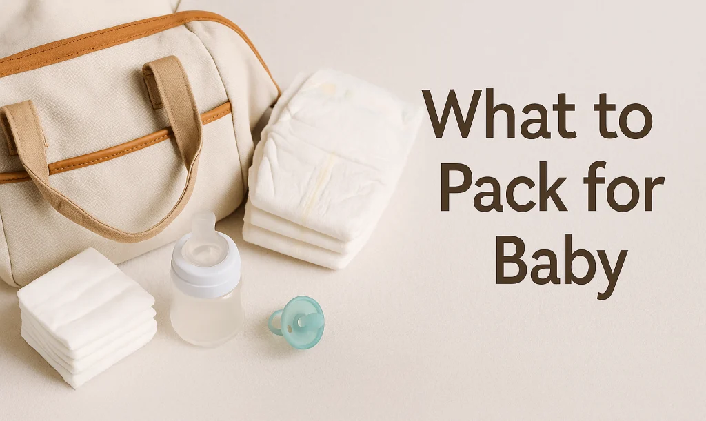 Flat-lay of a diaper bag with diapers, wipes, bottles, and pacifier packed for a newborn photoshoot.