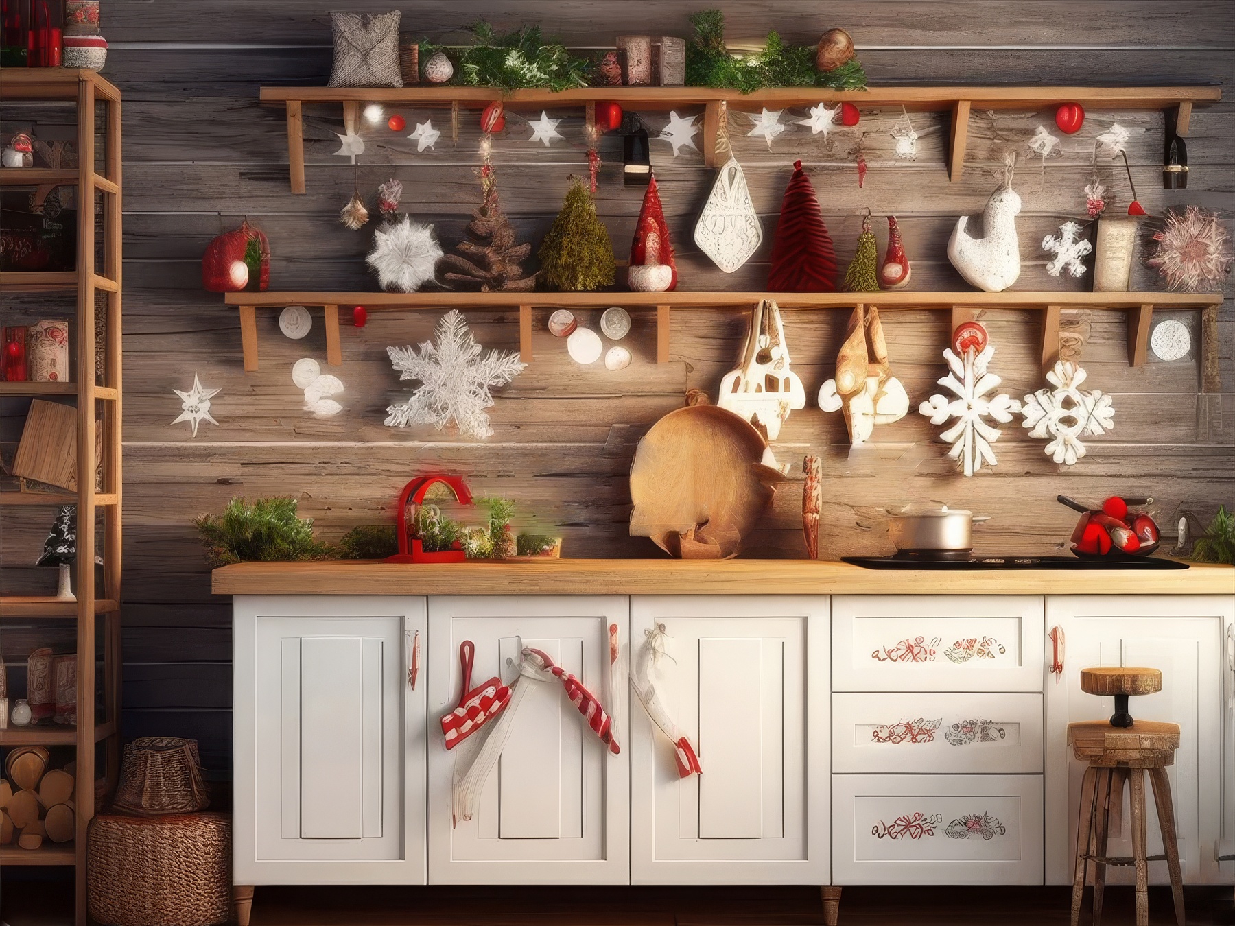 Rustic kitchen decorated with Christmas ornaments, wooden shelves, snowflakes, and festive greenery.