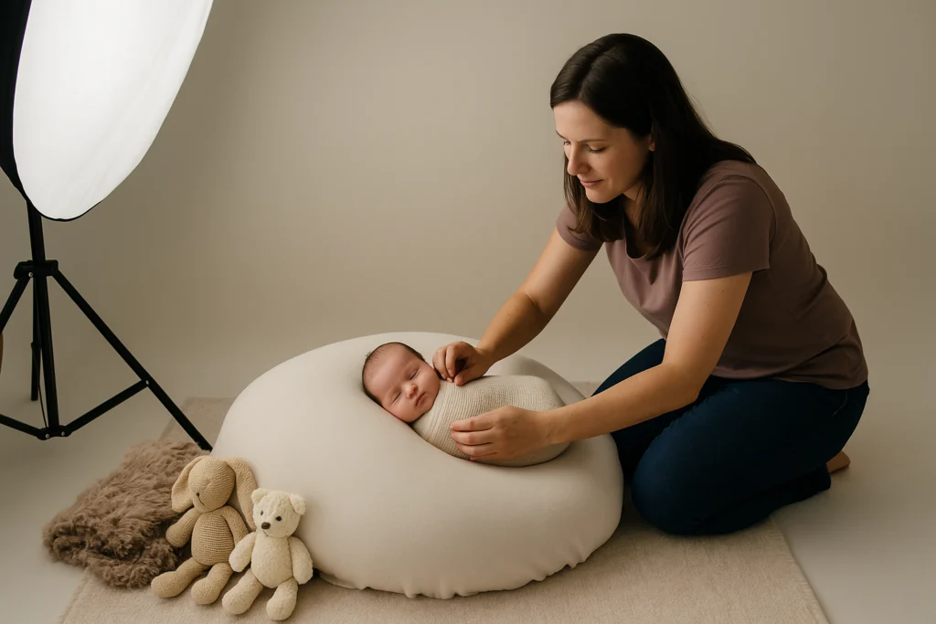 A newborn photographer carefully adjusts a swaddled baby on a beanbag, surrounded by soft plush toys under gentle lighting