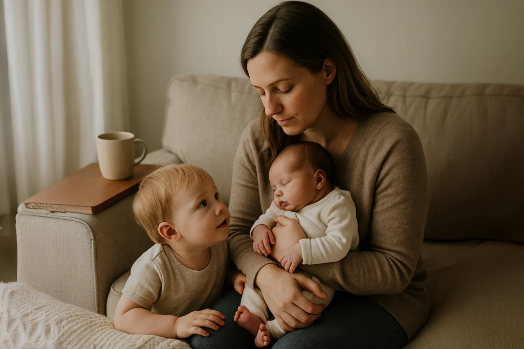Mother cradling newborn while toddler watches closely, in a cozy home studio with natural light and a warm, relaxed vibe.