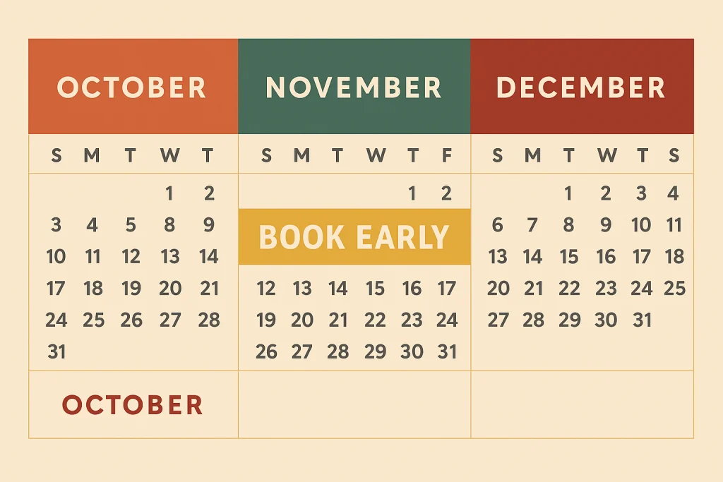 Holiday calendar highlighting November as the best time to book Christmas mini sessions.