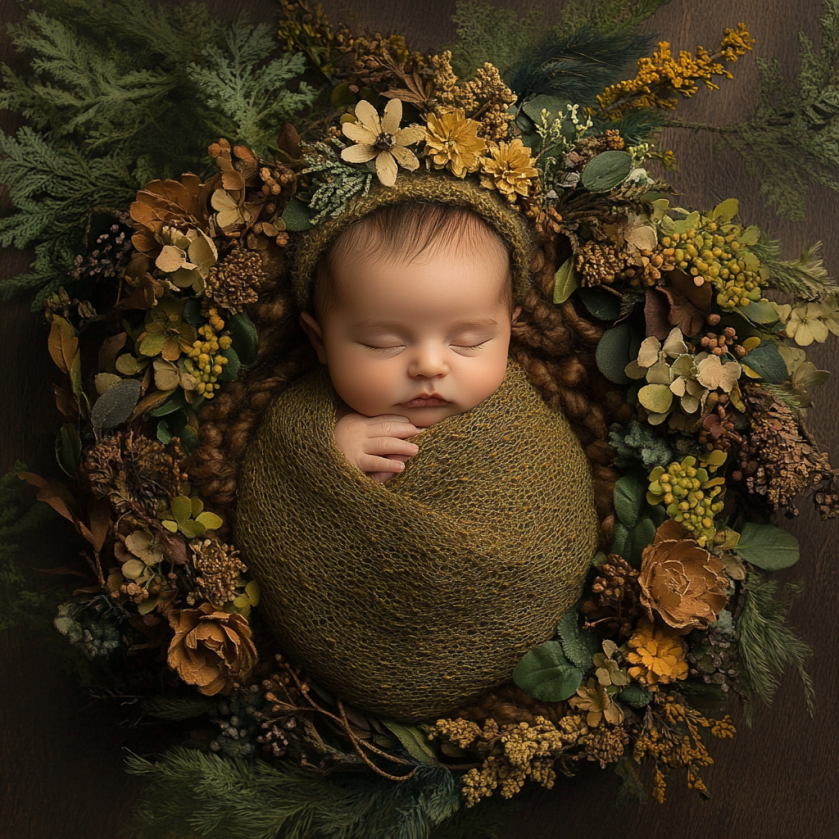 caucasian newborn pose fall leaves brown theme studio setting for newborn photography vancouver