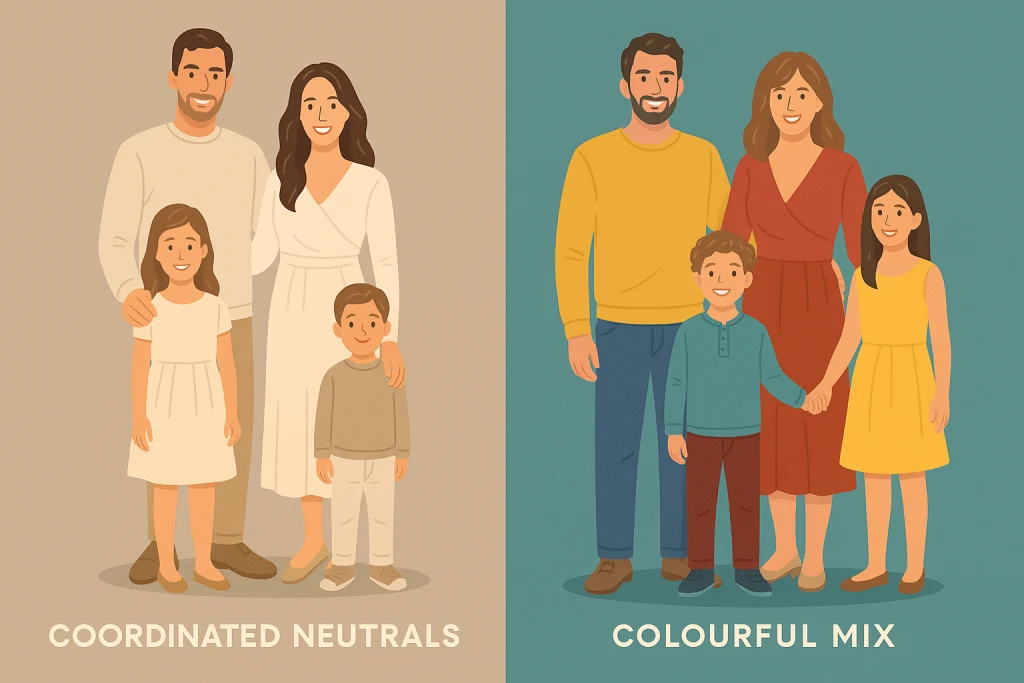 Two families dressed in coordinated neutral tones and colourful outfits showing harmony in portraits.