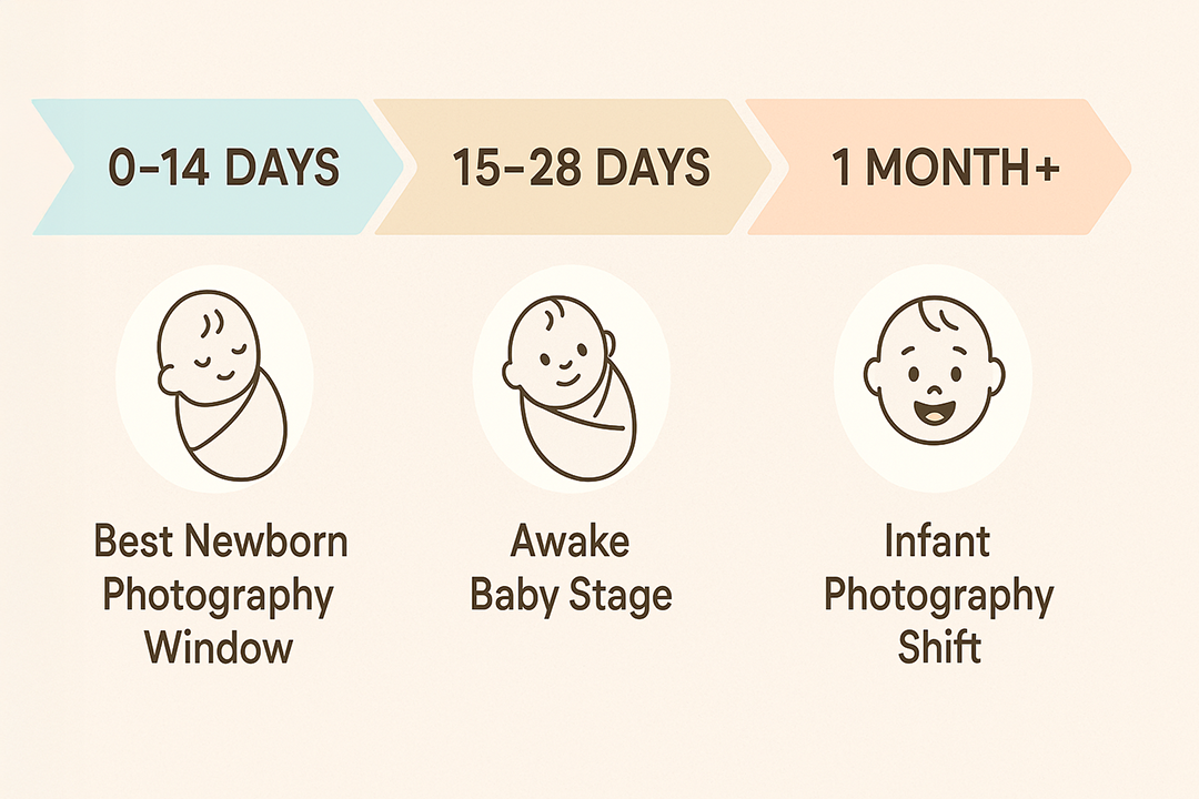 An infographic showing a timeline: 0-14 days = Best newborn photography window, 15-28 days = Awake baby stage, 1 month+ = Infant photography shift. Soft colors, simple icons of sleeping baby vs. smiling baby.