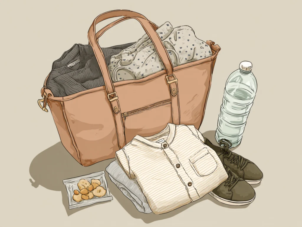 Illustration of a parent’s tote bag with neutral clothing, snacks, and water for a newborn photoshoot.