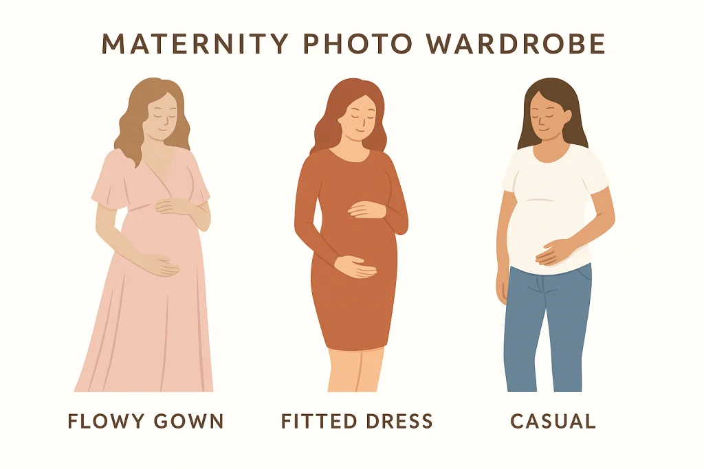 Illustrated wardrobe guide showing flowy gowns, fitted dresses, and casual looks for maternity photos.
