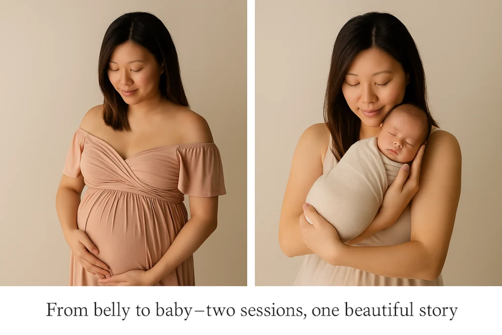 A side-by-side image showing a woman maternity portrait next to her newborn session photo.