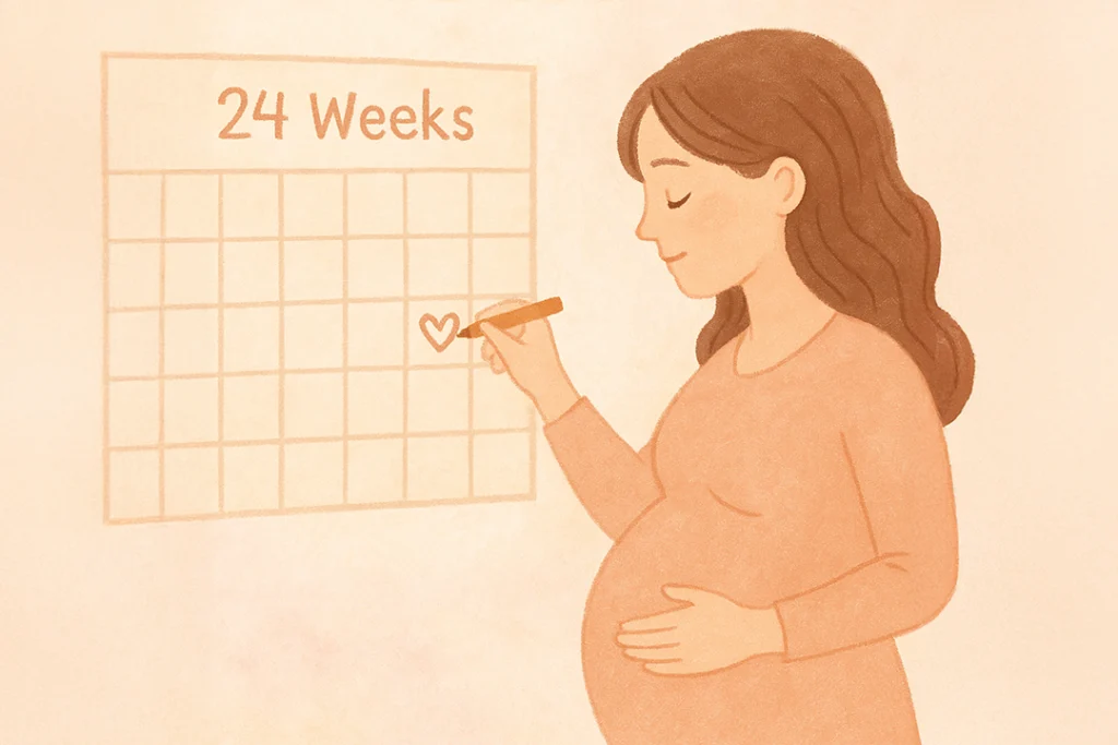 A soft, emotional 2D illustration showing an expecting mom marking her calendar at 24 weeks pregnant with a small heart. Calm pastel colors, dreamy vibe.