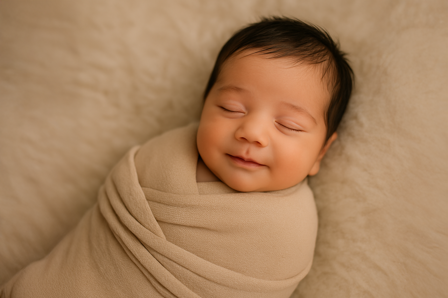003-An image of a sleeping baby with soft cheeks, swaddled in neutral tones, with a hint of a smile. An image of a sleeping Baby Photography Abbotsford with soft cheeks, swaddled in neutral tones, with a hint of a smile.