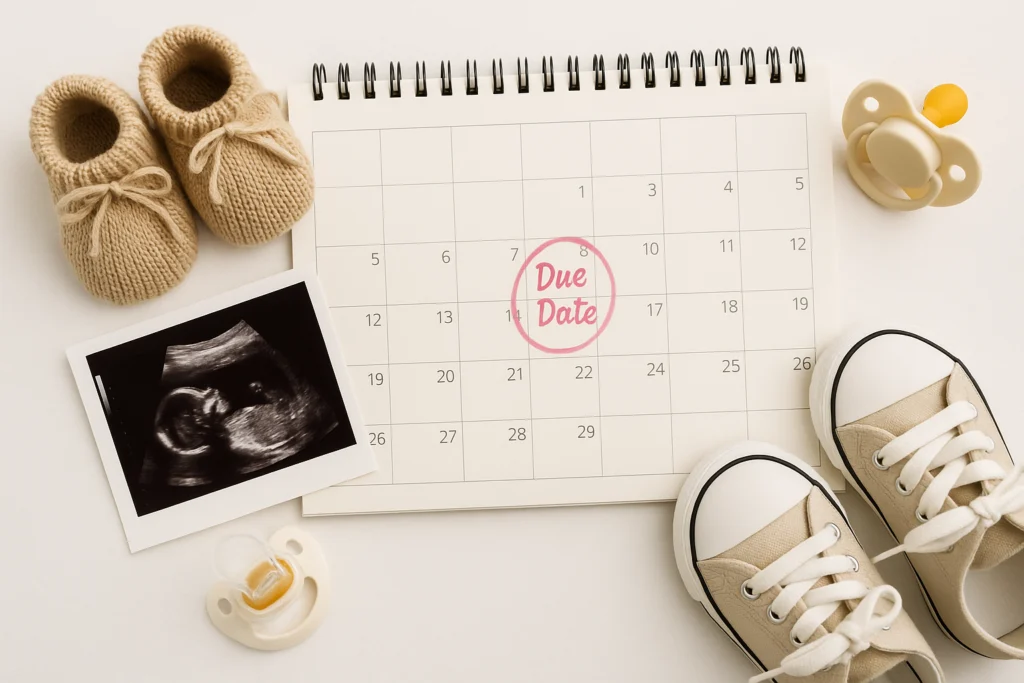 Flat lay of a calendar marked “Due Date” with newborn items like baby shoes, a pacifier, and an ultrasound image