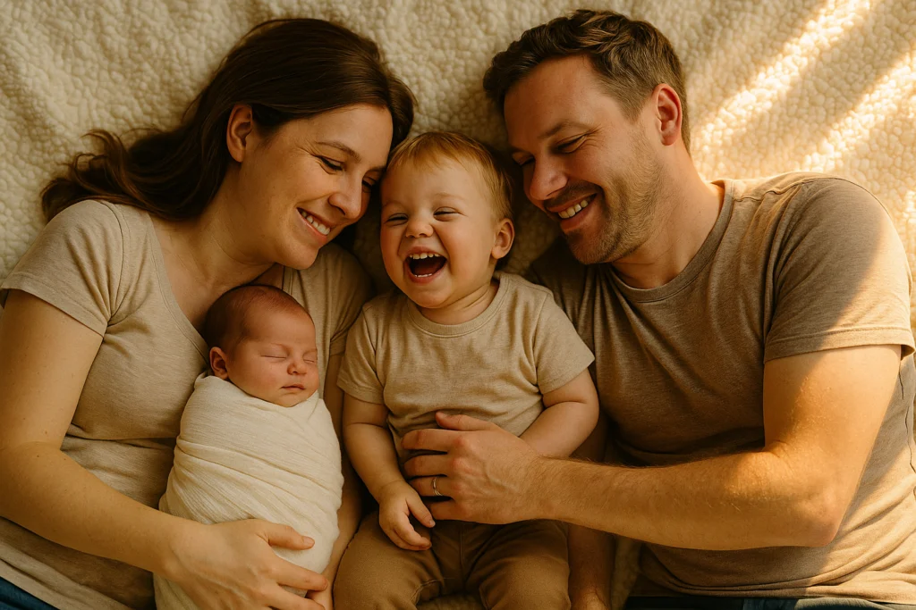 Cozy family of four cuddling on a fluffy cream blanket, baby swaddled, toddler giggling, warm light pouring in