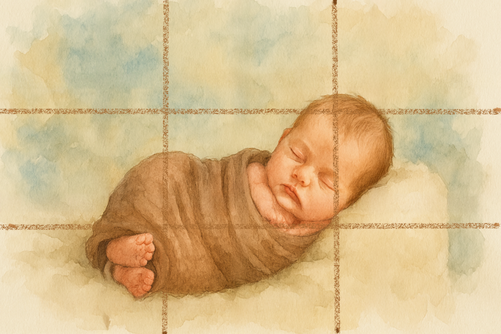 a newborn image with rule of third lines for Mastering the Rule of Thirds for Newborn Posing
