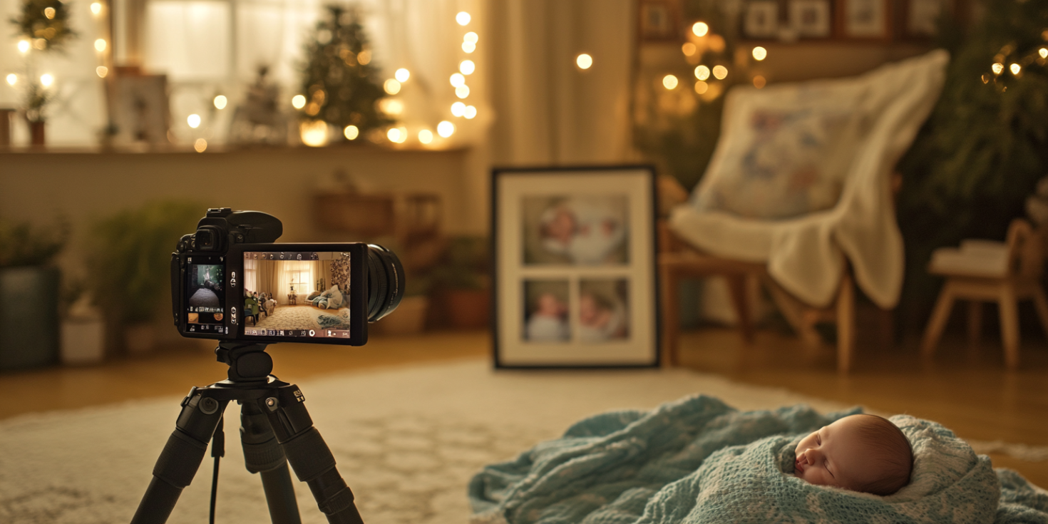 A cozy studio setting with a camera on a tripod newborn photography vancouver