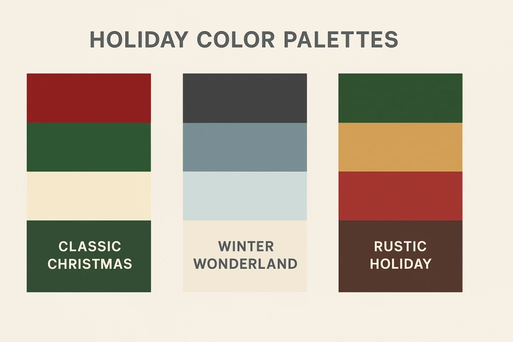 Three holiday outfit palettes: Classic Christmas, Winter Wonderland, and Rustic Holiday.