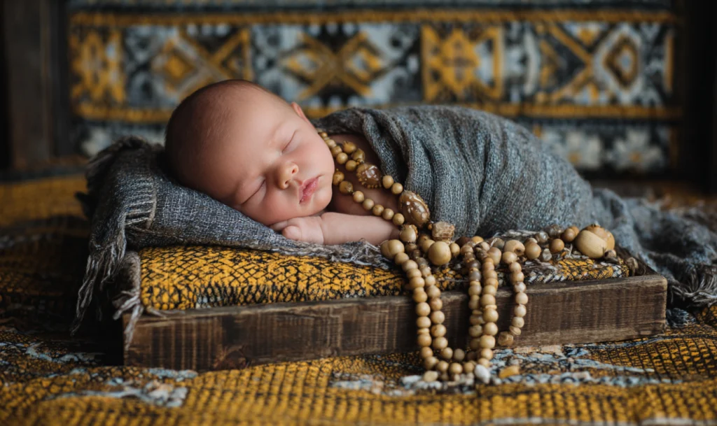 Heritage keepsakes including a quilt, necklace, and cultural fabric to personalize newborn photos.