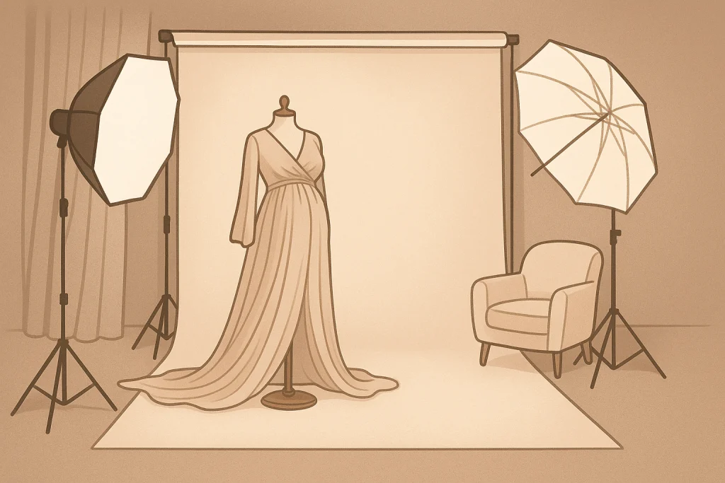 Stylized studio scene with soft lighting and a flowing maternity gown on display.