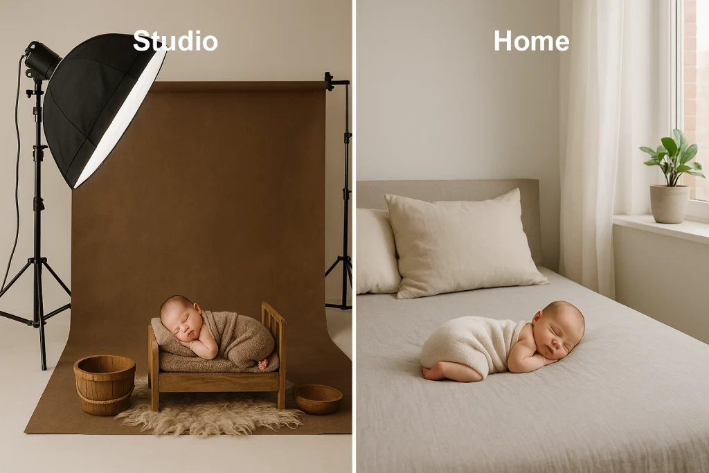 Professional studio vs at-home newborn photo setup side by side