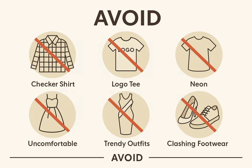 Infographic of clothing styles to avoid in family photos including stripes, logos, neon, and busy footwear.