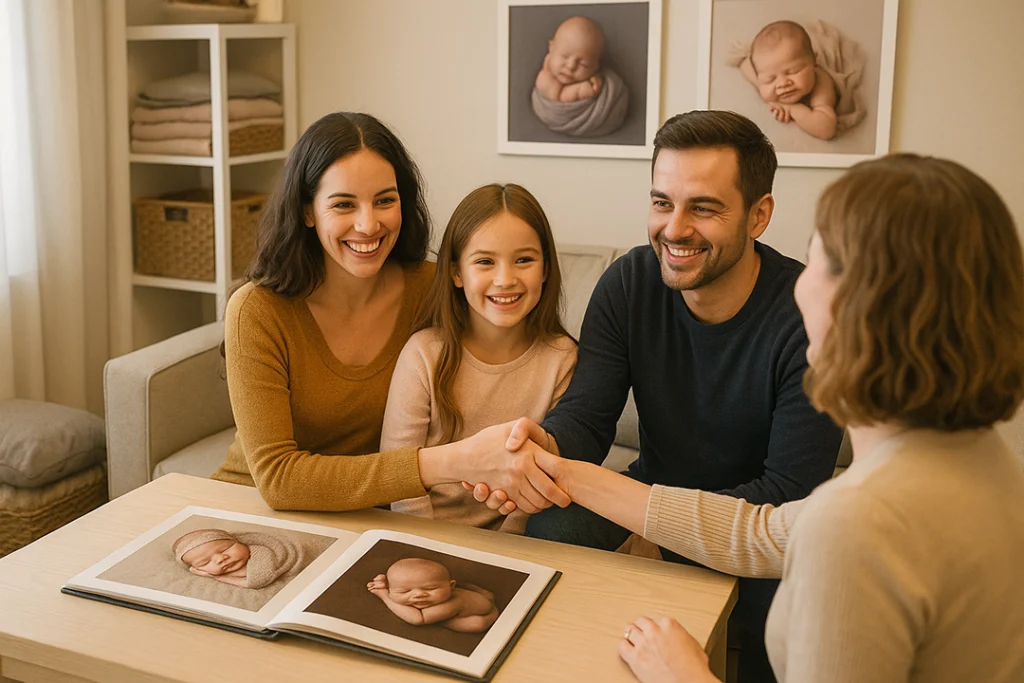 A happy family reviewing a photography portfolio with a photographer, smiling and shaking hands — cozy studio setting, natural lighting.