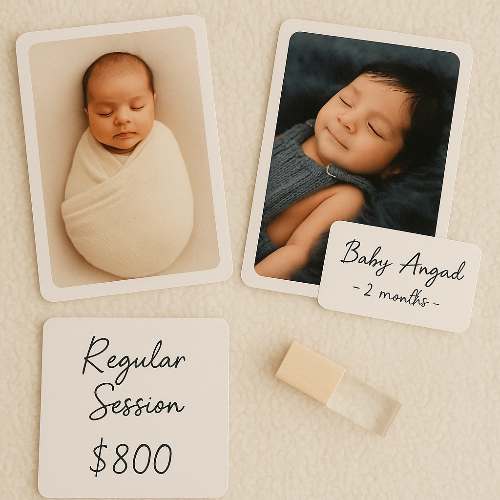 004-A soft flat-lay photo showing printed portraits USB with baby photos A soft flat-lay photo showing printed portraits, USB with baby photos, and a price card or handwritten note that says “Baby Angad – 2 months.”