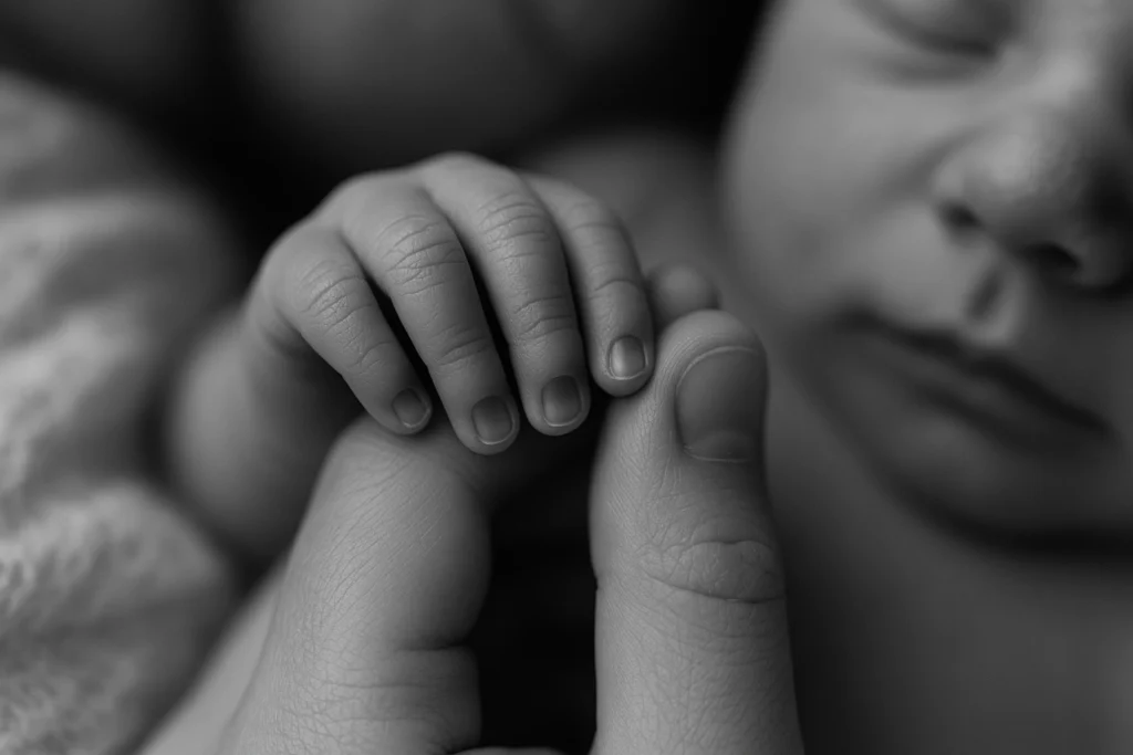 Black-and-white closeup of baby fingers wrapped around sibling’s thumb