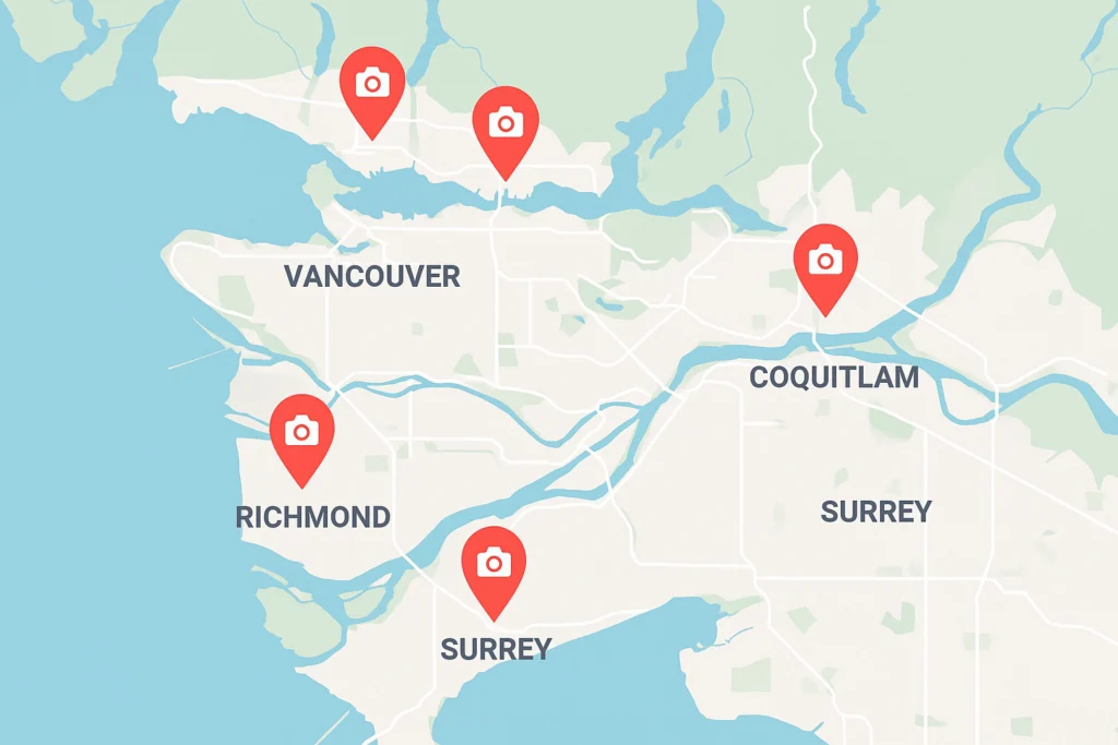 Illustrated map of Greater Vancouver with camera icons marking popular newborn photography studios