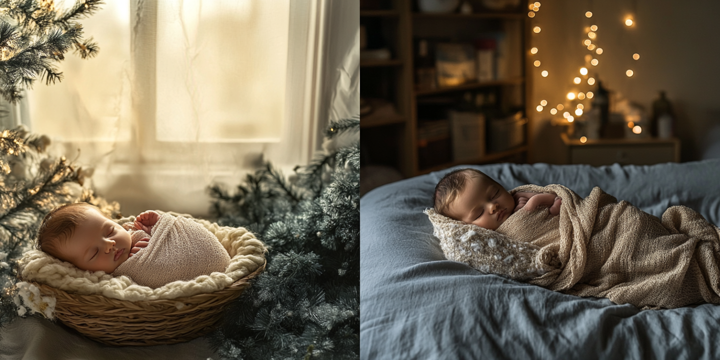 A split scene composition showing two environments on newborn photography vancouver