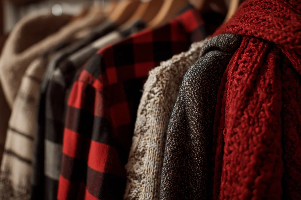 Wardrobe illustration showing plaid shirt, knit sweater, velvet dress, and scarf for Christmas photos.