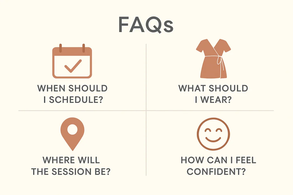 Text: Maternity photo FAQ infographic with icons for timing, outfits, locations, and comfort.