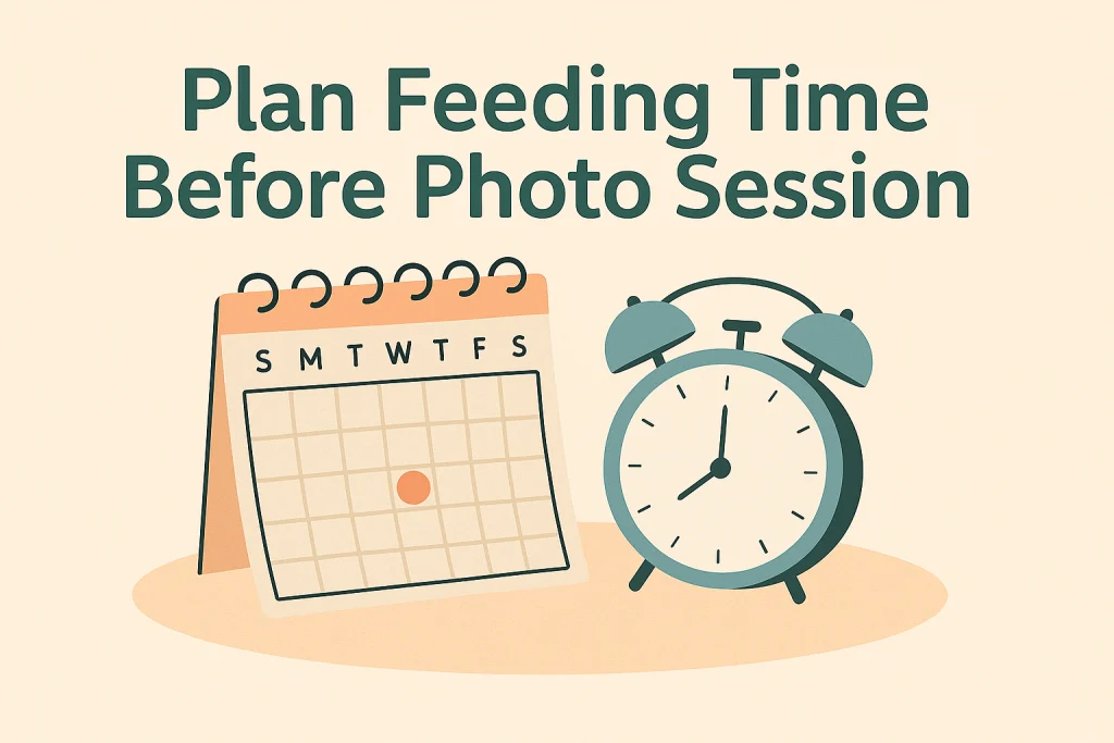 Calendar and clock graphic showing feeding time planned before a newborn photoshoot.