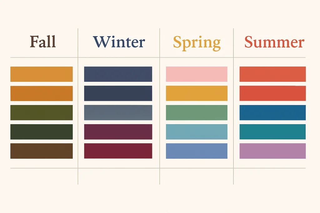 Four seasonal family photo color palettes: autumn earth tones, winter jewel tones, spring pastels, summer brights.