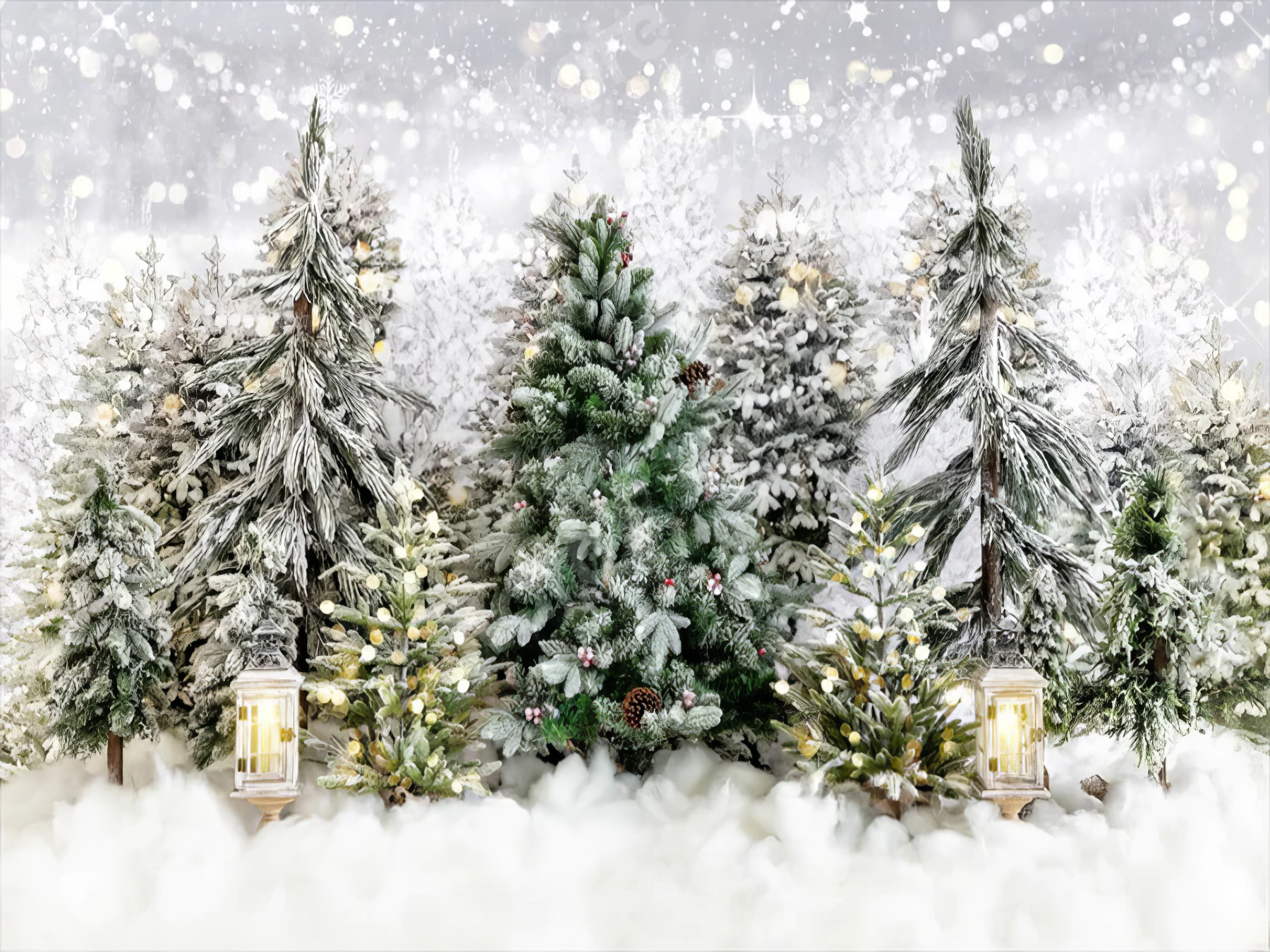 Snow-covered festive street with decorated Christmas trees, garlands, and warmly lit shop windows.