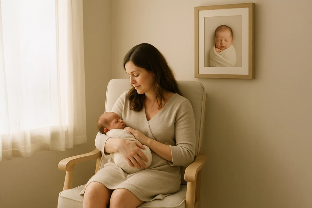 A serene photo showing a new mom rocking her baby in a nursery, a framed newborn portrait already hanging on the wall — sunlight streaming softly through the window.