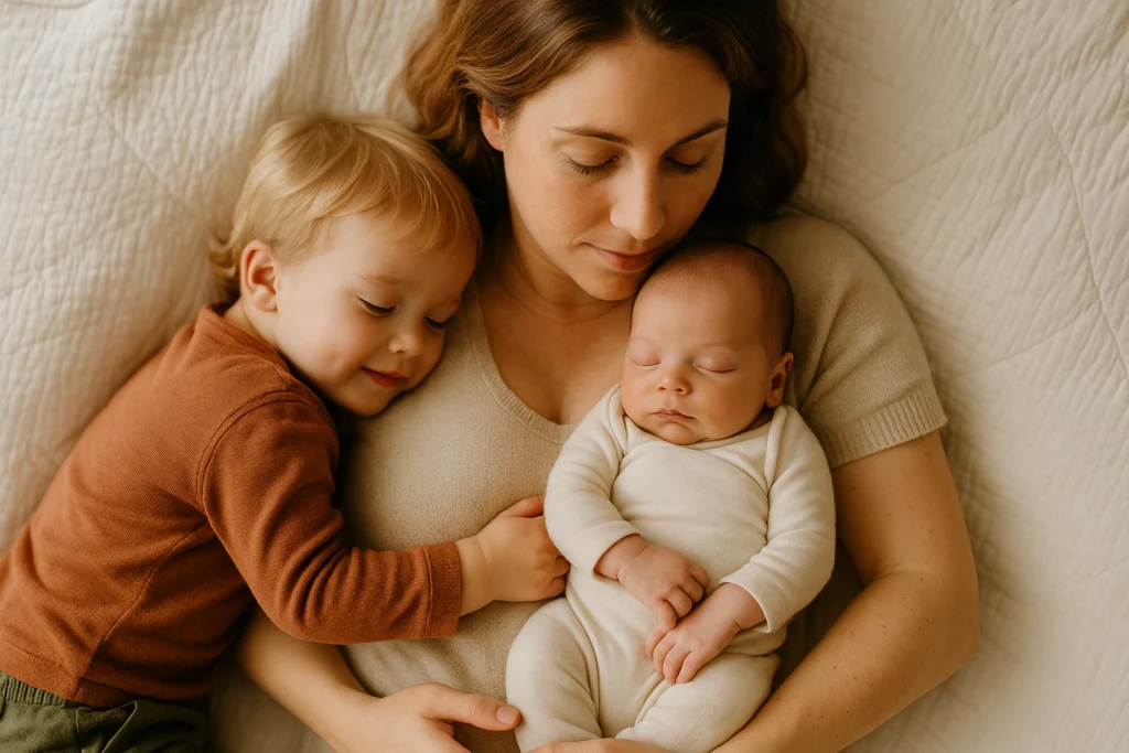 Overhead shot of mom holding newborn while toddler hugs her from the side, soft natural light