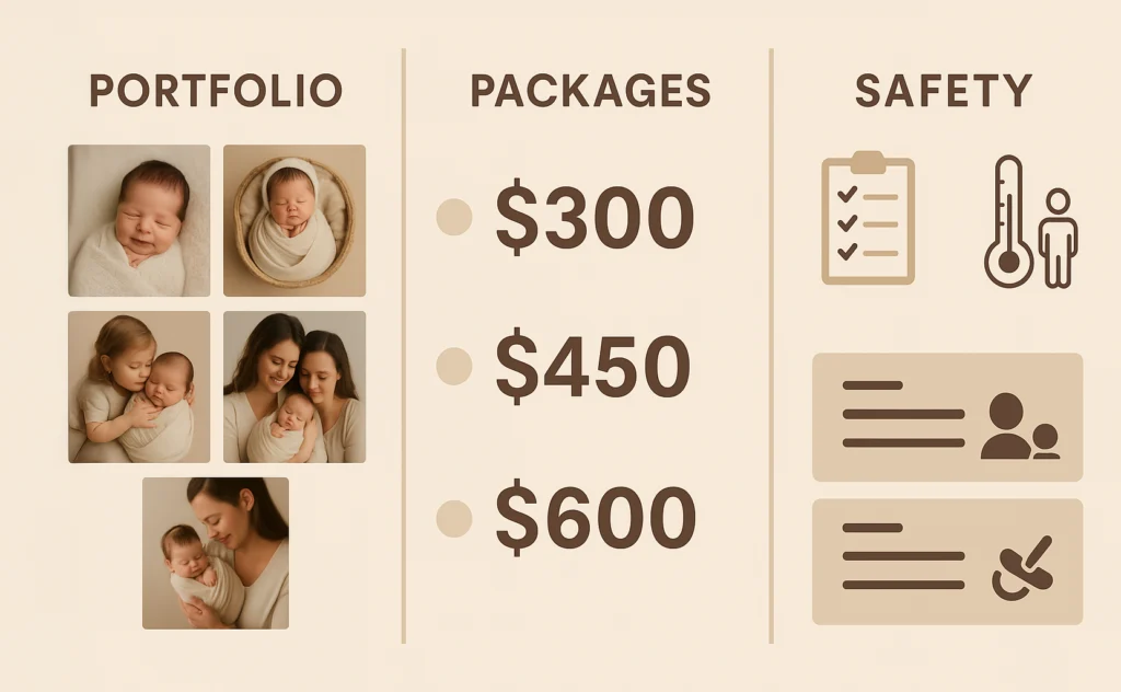 Stylized layout showing baby photo thumbnails, pricing tiers, and safety icons in a warm beige color palette
