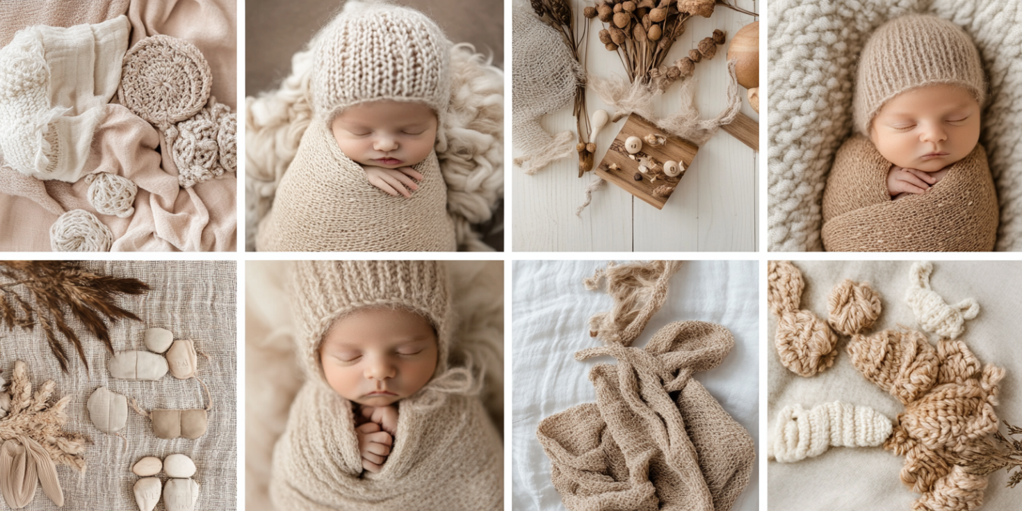 A collage style flat lay featuring swatches of baby newborn photography vancouver