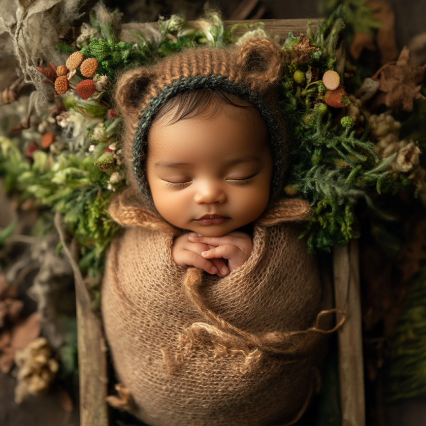 Caucasian newborn wrapped in the box brown studio setting for newborn photography Vancouver