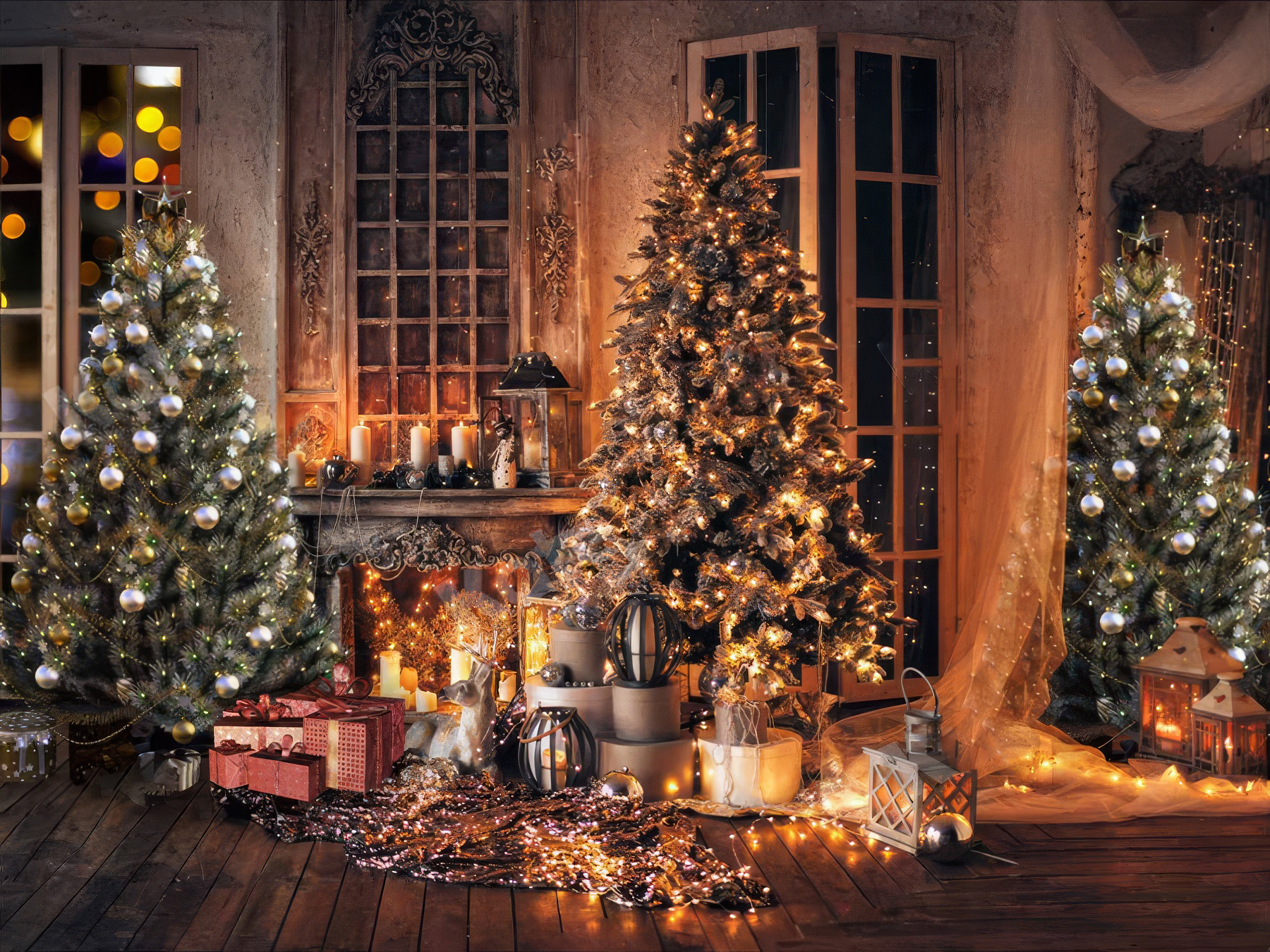 Rustic kitchen decorated with Christmas ornaments, wooden shelves, snowflakes, and festive greenery.
