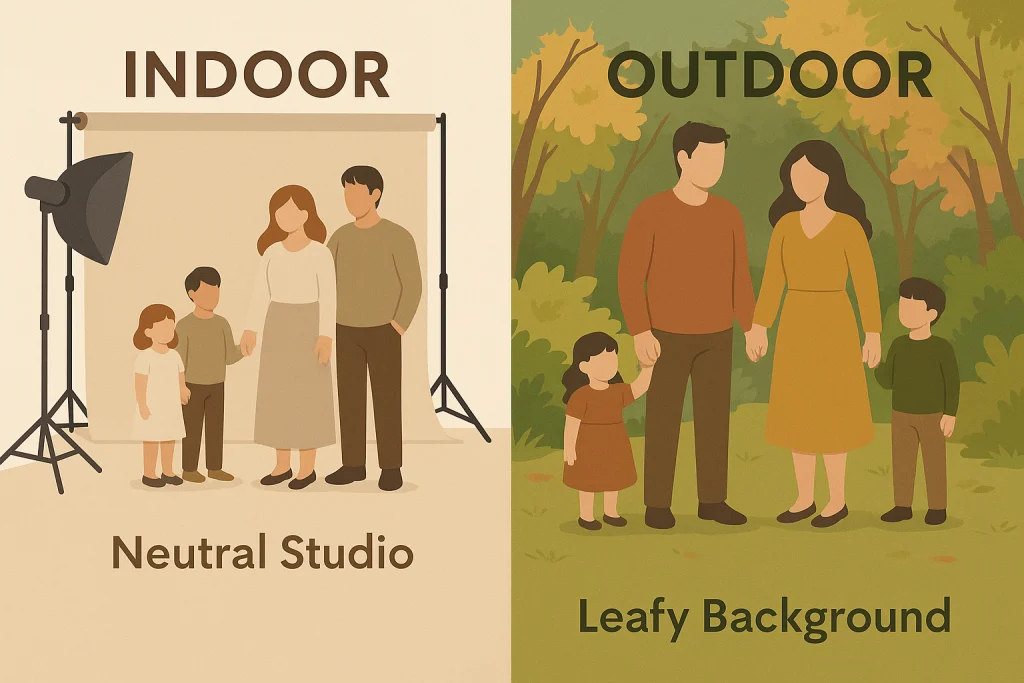 Split scene comparing indoor neutral-toned family outfits with outdoor leafy family portraits.