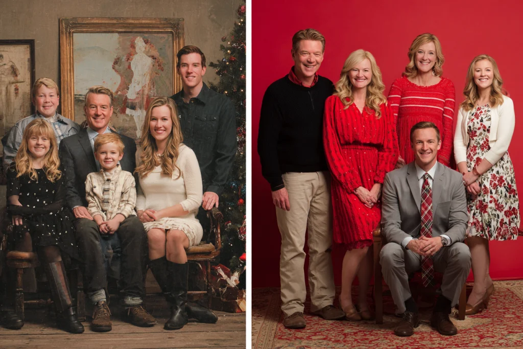 Comparison of matching family outfits versus coordinated but varied holiday outfits.
