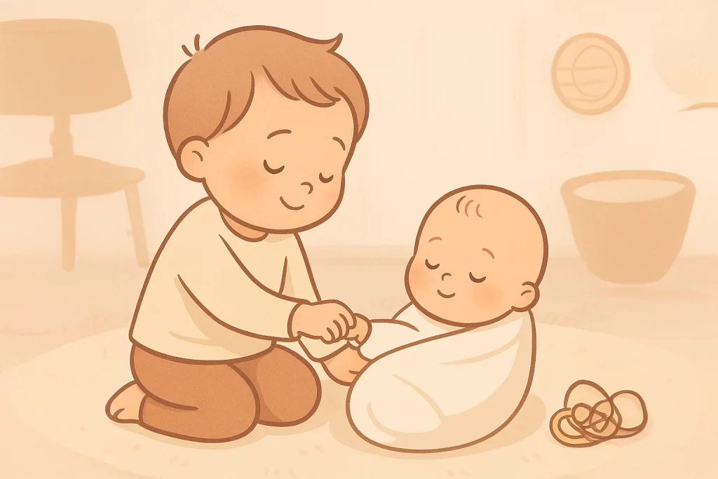 Toddler gently holding baby’s hand in a cozy studio setting during a newborn photoshoot.